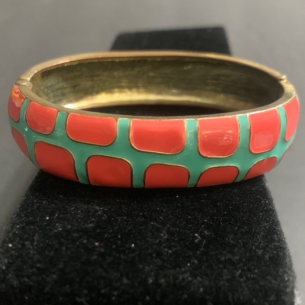 RARE… Fornash Brand  Coral & Teal  enamel hinged bracelet …